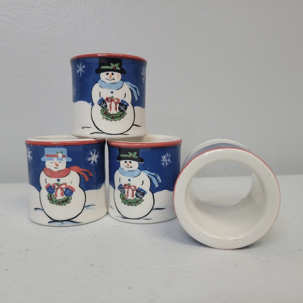 Kitchen Collection Lovely Snowman Napkin Rings Set of 4 Ironstone 2003‎ Holiday